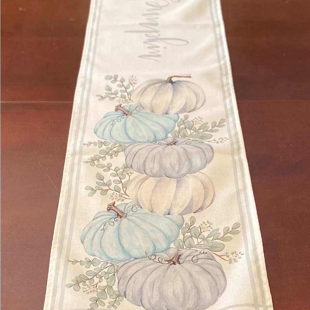 Farmhouse Pumpkin Table Runner - Blue and Gray - Picture 2 of 11